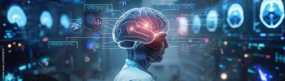 Poster person analyzing advanced brain activity and data on futuristic interface