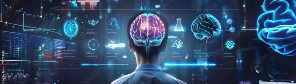 Poster person analyzing advanced brain activity and data on futuristic interface