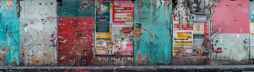 Weathered billboard covered in torn posters and graffiti