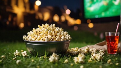 Popcorn and drink on green grass in open air cinema. Space for text
 - obrazy, fototapety, plakaty