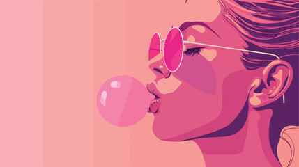 Trendy girl blowing bubble gum on pink background vector