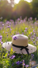 A straw hat with a black ribbon is placed in a lavender field, with a blurred background of purple flowers and green leaves under sunset. - 795059880