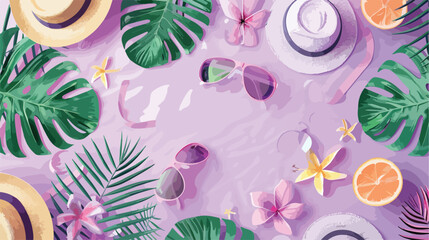 Trendy summer composition on lilac background top vie
