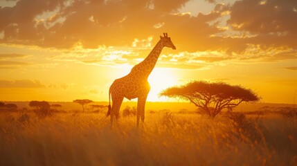A tall giraffe standing in the middle of a grassy field during sunset.