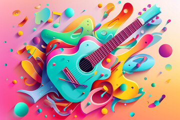 festival music festival theme poster with 3D musical text, guitar Artistic background Vector illustration Online shopping - obrazy, fototapety, plakaty