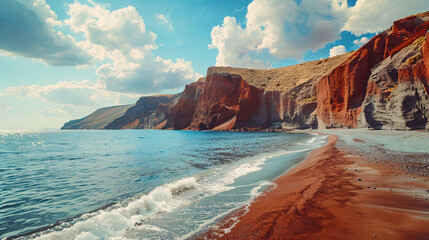 Red beach with volcanic cliffs on Santorini island 