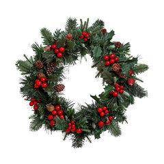 Fototapeta na wymiar A festive Christmas wreath displayed on a white wooden background against a backdrop of holiday cheer This top view image is isolated on transparent background