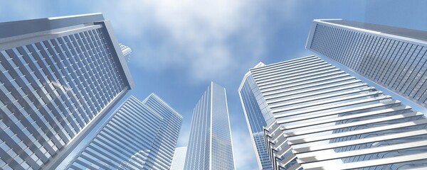 Skyscrapers, high-rise buildings from below against the background of the sky, cityscape, panorama of skyscrapers, 3D rendering - 795061427