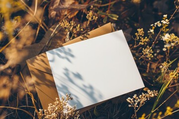 Blank white card in a brown envelope with dried flowers on a crumpled white fabric
