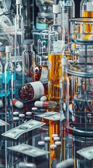 Futuristic pharmaceutical research with pills and digital interface