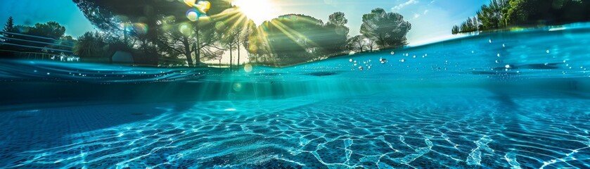 Underwater staircase with light rays filtering through water