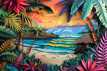 Fijis lush landscapes and traditional bure huts reimagined as a vibrant paper cut art piece Oceanias paradise captured
