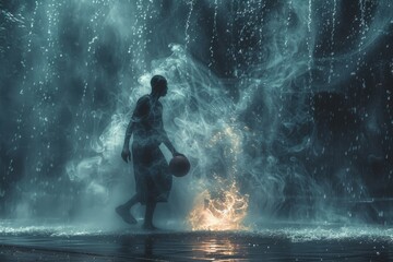 Portrait shot of a silhouette basketball player in sports clothes with a basketball in his hand, is standing in a foggy with the blue lights shining down on him.