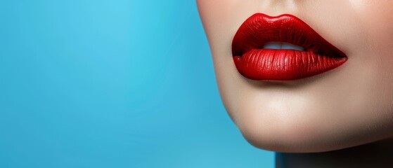 Obraz premium Close-up of red lipstick on a woman's lips against a blue background