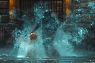 Portrait shot of a silhouette basketball player in sports clothes with a basketball in his hand, is standing in a foggy with the blue lights shining down on him.