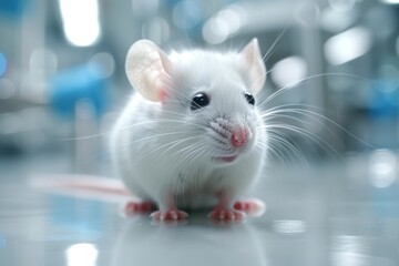 White laboratory mouse against the background of test tubes