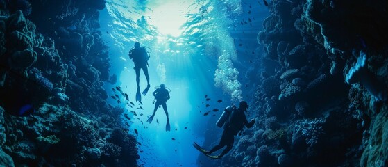 Scuba divers exploring a vibrant coral reef under clear blue water - obrazy, fototapety, plakaty