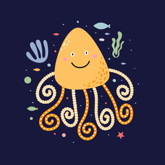 Funny cartoon octopus on a dark isolated background. Fabulous sea animal. Can be used to decorate children's interiors, holidays, postcards, banners. Vector illustration in children`s style.