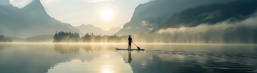 Man paddleboarding on a misty mountain lake at sunrise - obrazy, fototapety, plakaty