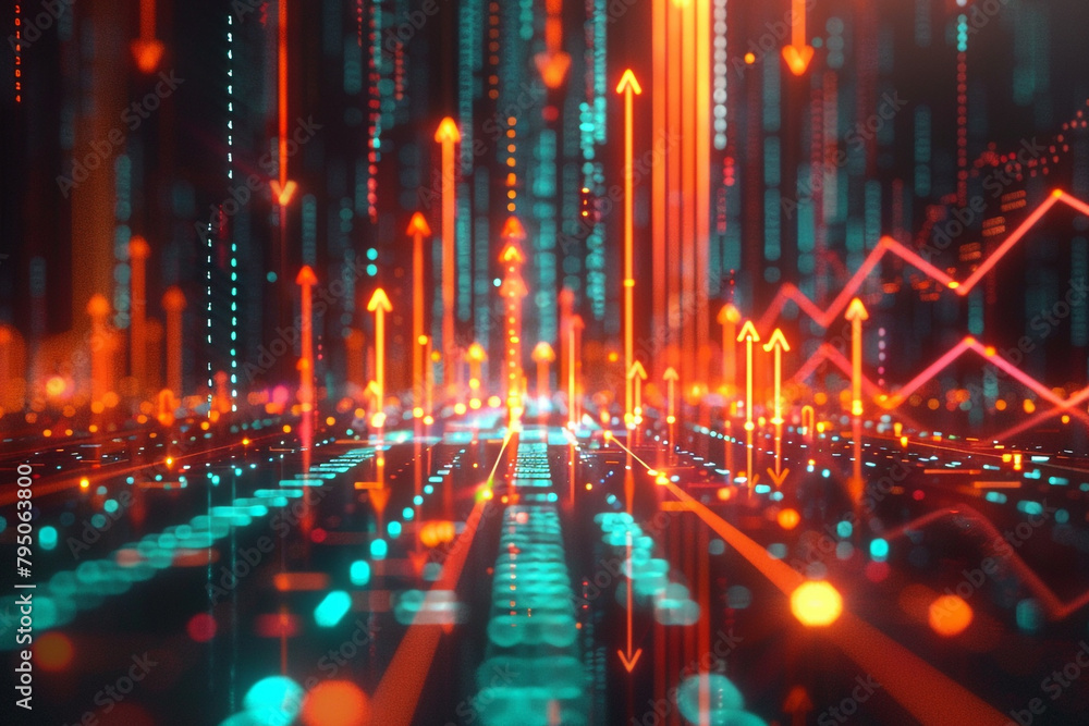 Poster financial data visualized as a series of interconnected graphs with arrows pointing upward 3d illust