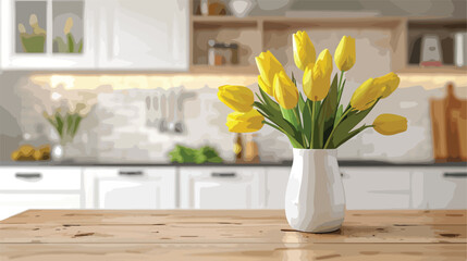 Vase with yellow tulip flowers on wooden table in mod