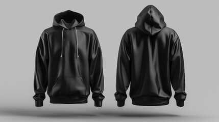 Two black hooded sweatshirts on a grey background