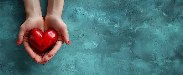 Light blue background, a mother's hand holding a little child's hand with a red heart, viewed from above in a flat layout, with an empty space for text or copy in the center of the composition, 