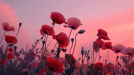 Red poppy flowers against the pink sky at sunset. 