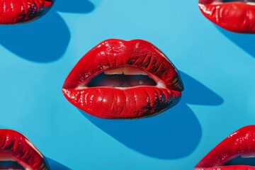 Red lips floating in blue pattern