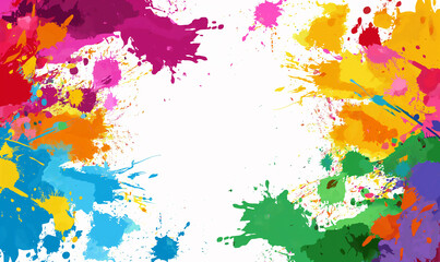 Colorful vector illustration of paint splatter on a white background, with colorful splashes and brush strokes. There is white space in the center surrounded by colorful splatters