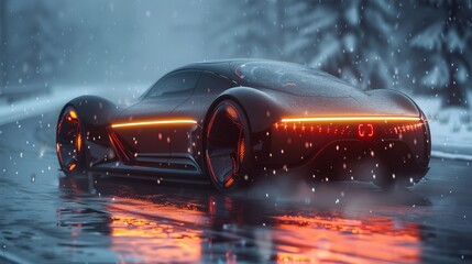 An EV car driving through challenging weather conditions autonomously, showcasing the adaptability of driverless technology. - obrazy, fototapety, plakaty