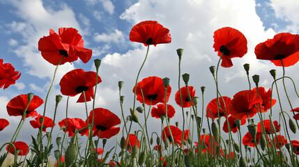 Red poppy flowers against the sky. Shallow depth
