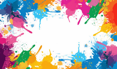 Colorful vector illustration of paint splatter on a white background, with colorful splashes and brush strokes. There is white space in the center surrounded by colorful splatters