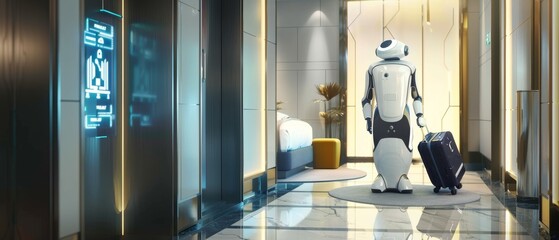 Robot with suitcase walking in a modern hotel corridor