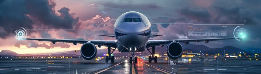 Fototapeta na wymiar Commercial airplane on runway at night with futuristic digital enhancements