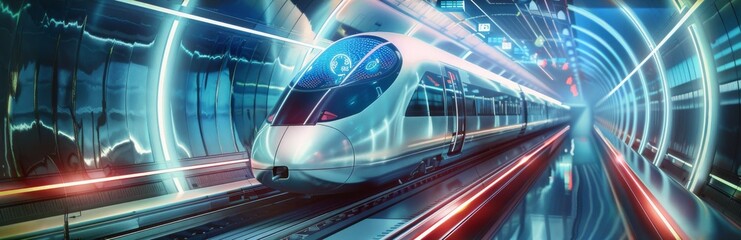 Futuristic high-speed train in a neon-lit tunnel