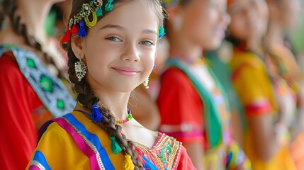 Fototapeta premium Traditional of Diverse Cultural Heritage with Smiling Girl in Vibrant Ethnic Costume