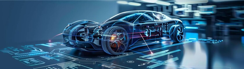 Futuristic car in a high-tech showroom