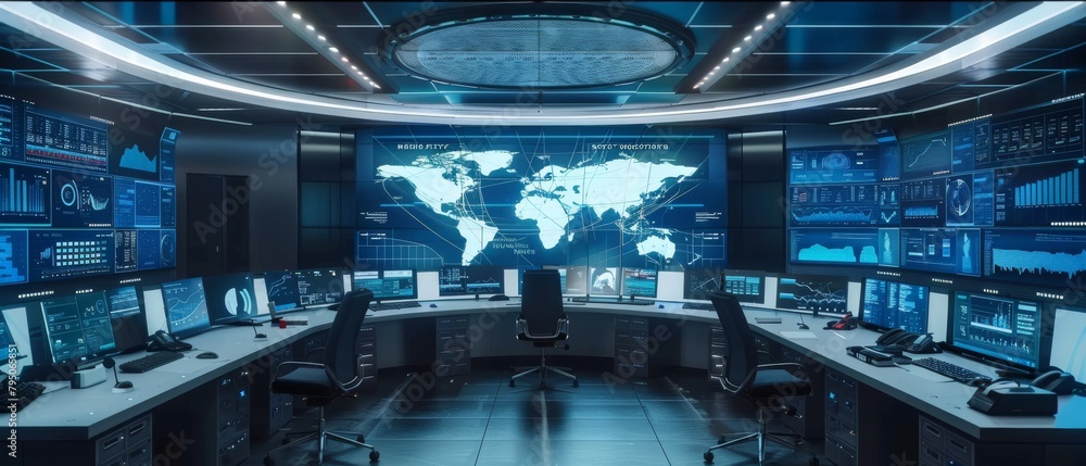 Poster futuristic command center with multiple digital screens and global map