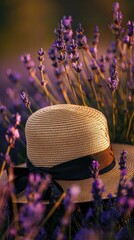 A straw hat with a black ribbon is placed in a lavender field, with a blurred background of purple flowers and green leaves under sunset. - 795065819