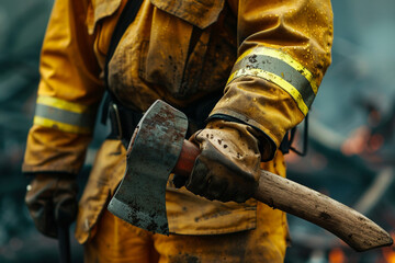 Firefighter with axe in hand closeup