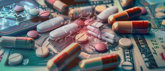 Pharmaceutical drugs and capsules on a background of American dollars with health graphics overlay