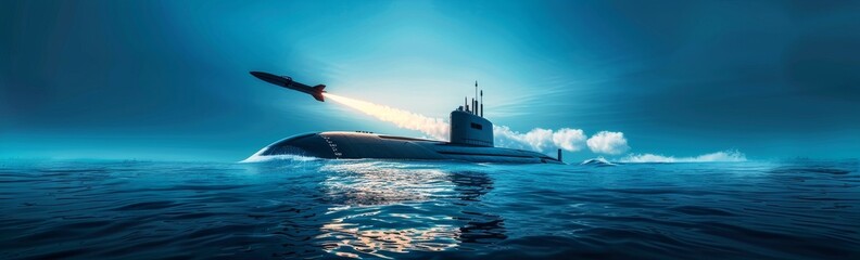 Submarine launching a torpedo over the water