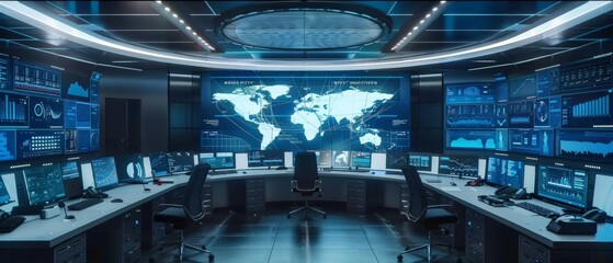 Futuristic command center with multiple digital screens and global map