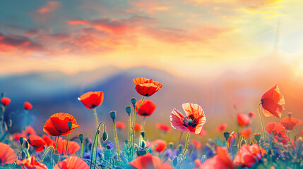 Red poppy flowers against the sky at sunrise. Summer  - obrazy, fototapety, plakaty
