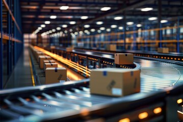 Automated warehouse with cardboard boxes on conveyor belts and digital interfaces