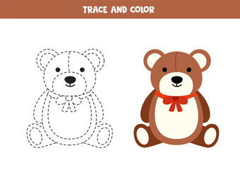 Trace and color cartoon teddy bear. Printable worksheet for children.