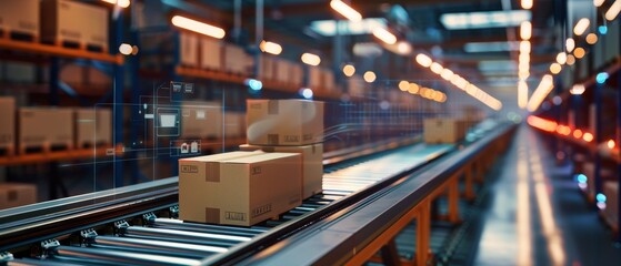 Automated warehouse with cardboard boxes on conveyor belts and digital interfaces
