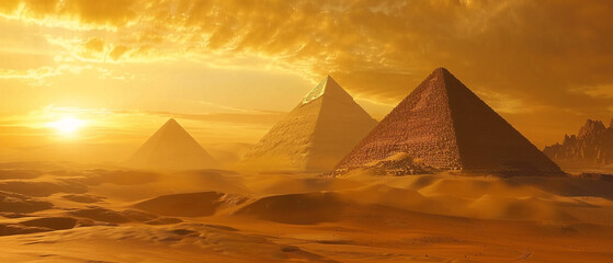 Majestic ancient Egyptian pyramids casting shadows in the golden desert sands under a fiery sunrise. - obrazy, fototapety, plakaty