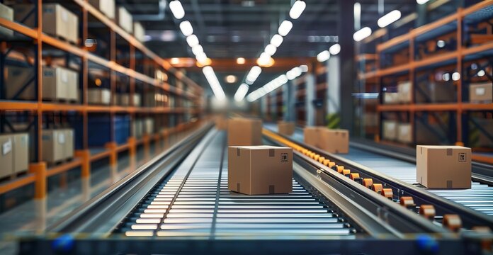 Automated warehouse with cardboard boxes on conveyor belts and digital interfaces